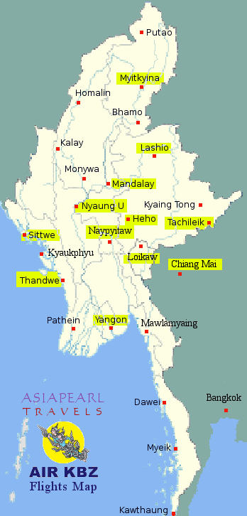 Air KBZ Myanmar Flights Map.