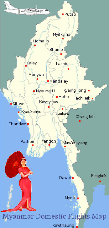 Myanmar Domestic Flights Map.