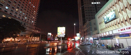 Downtown Yangon at night near Traders Hotel