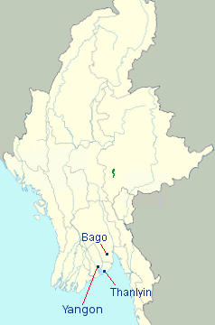 Map showing Yangon, Bago, Thanlyin