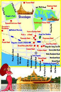 Yangon Tour Map showing hotels and tourist Attractions.